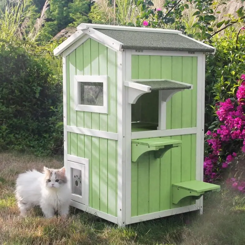 Outdoor Cat House Shelter Weatherproof, Two Story Wooden Outside Cat House Feral Cat House with Openable Roof, Escape Door