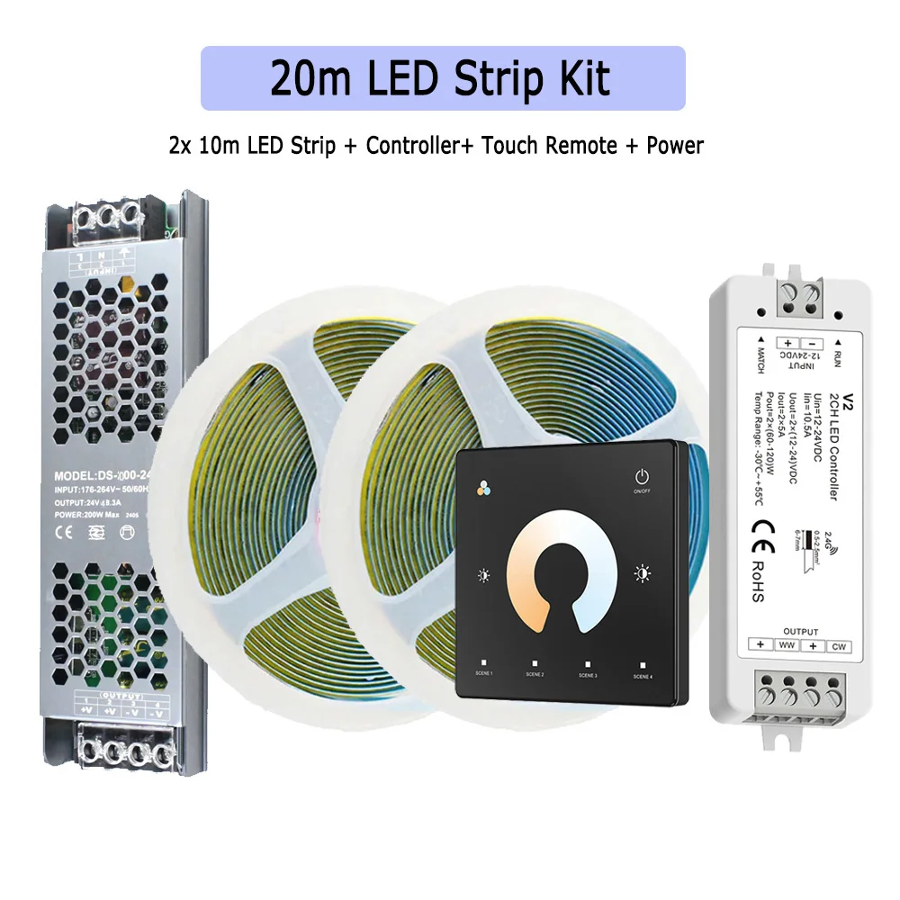 5M 10M 20M COB CCT LED-strip 24V Flexibele hoge dichtheid dimbaar kamerlicht 2.4G RF Touch afstandsbediening Dual White 2700K-6500K - afbeelding 1