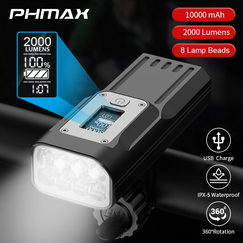 PHMAX Bike Light 2000 Lumens Headlight Rainproof Bicycle Flashlight Front Lamp MTB Road USB Charge Rear Light Bicycle Lantern