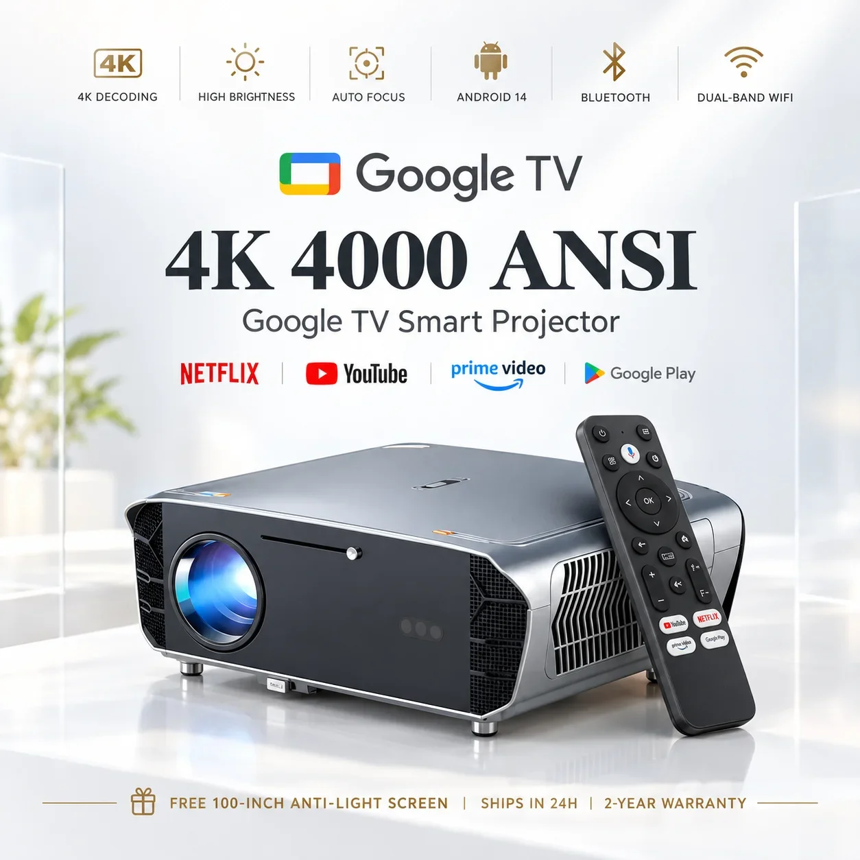 Proiettore 4K Ultra HD 4000 ANSI con WiFi 2.4+5G, Video, Film, Autofocus, Google TV, Beamer, Proiettore Home Theater con Google TV per Uso Diurno
