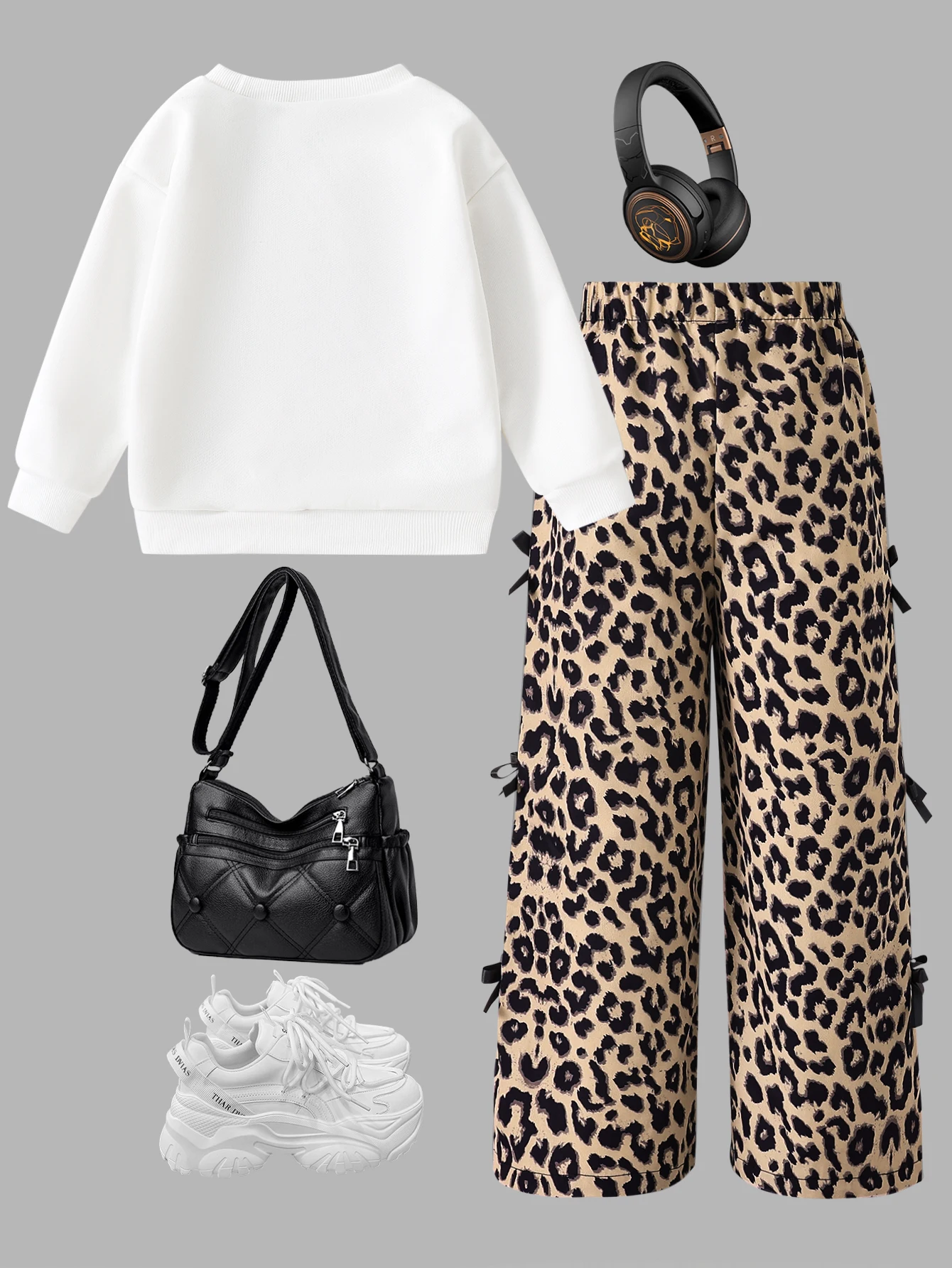 Girls 2PCS Leopard Print Outfit Set for 4-8Y, Long Sleeve Sweatshirt With Leopard Bow Print + Wide Leg Pants With Side Bows set