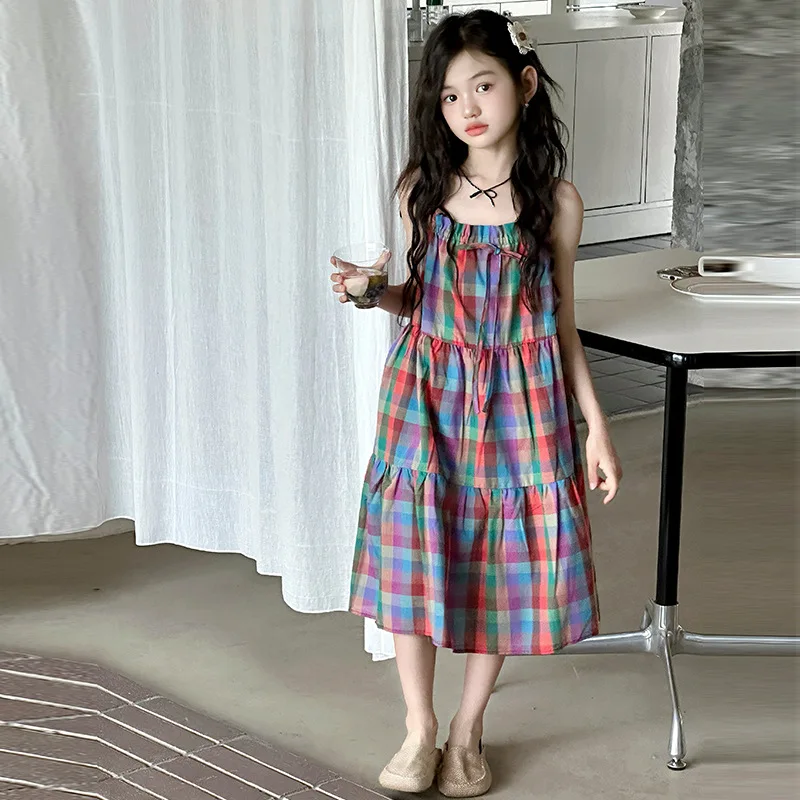 Girls Skirts 2024 Summer New Childrens Dresses Baby Girls Foreign Style Dopamine Check Strap Dress Casual Simple Daily