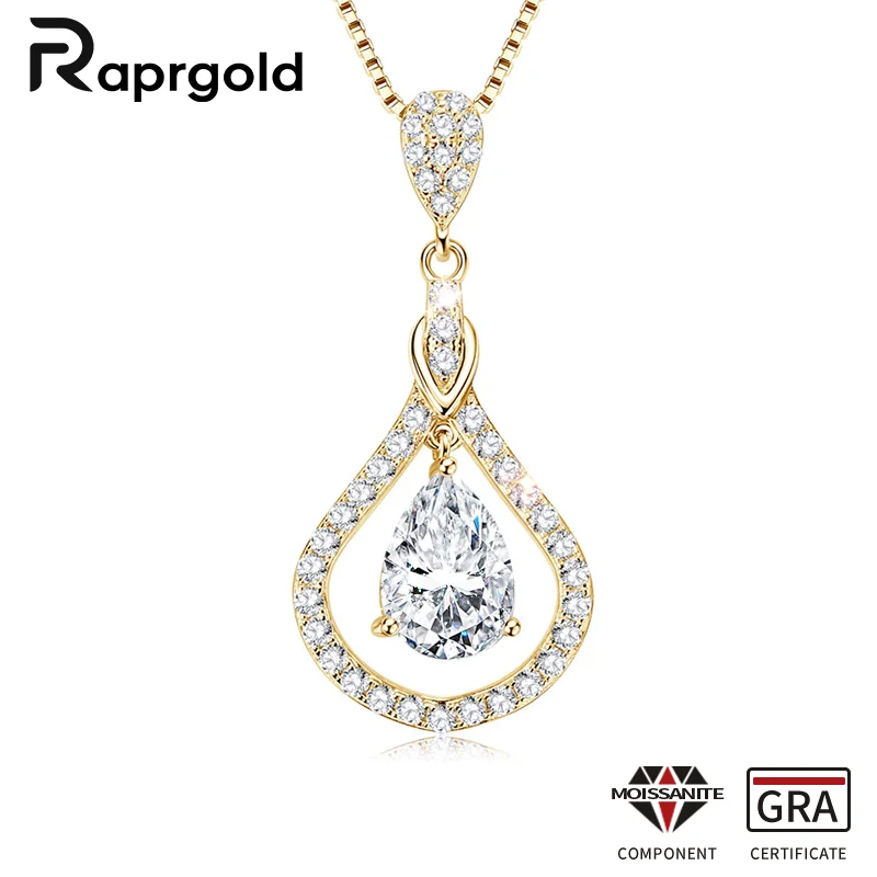 RAPRGOLD VVS1 Pear-cut Moissanite Waterdrop Pendant Necklaces for Women 925 Sterling Silver Chains Wedding Jewelry Gifts Collar