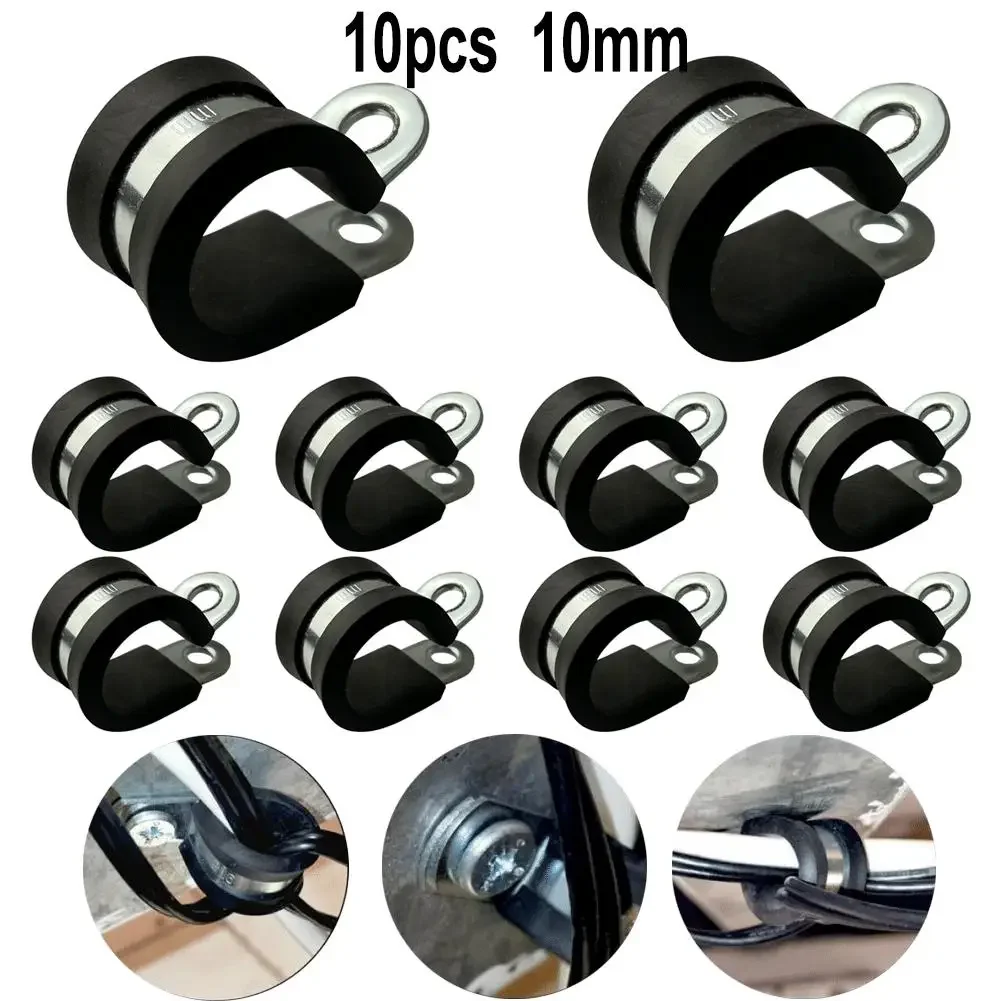 Industrial Strength Hose And Pipe Support 10PCS Rubber Lined P Clamp Cable Mount Hose Pipe Clamp, Stainless Steel