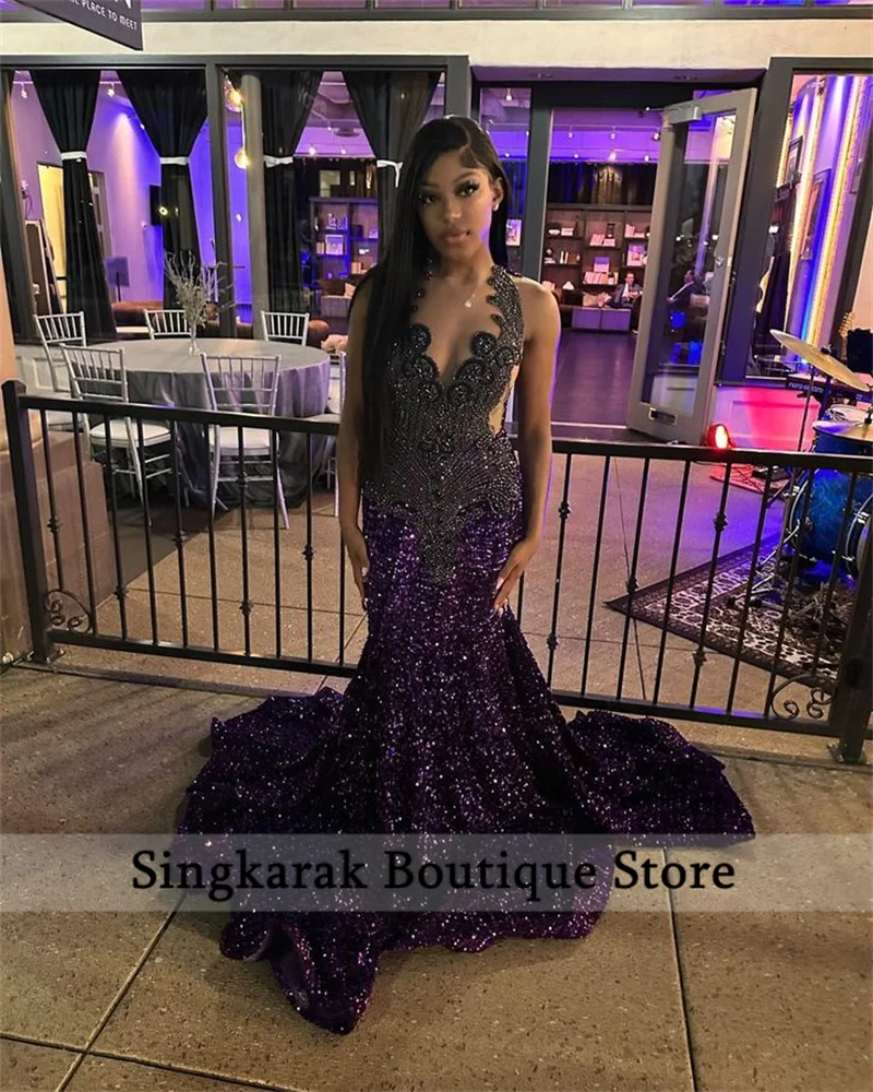 Sparkly Diamonds Purple Long Prom Dress 2024 For Black Girls Beads Crystals Rhinestones Birthday Party Reception Robe Customized