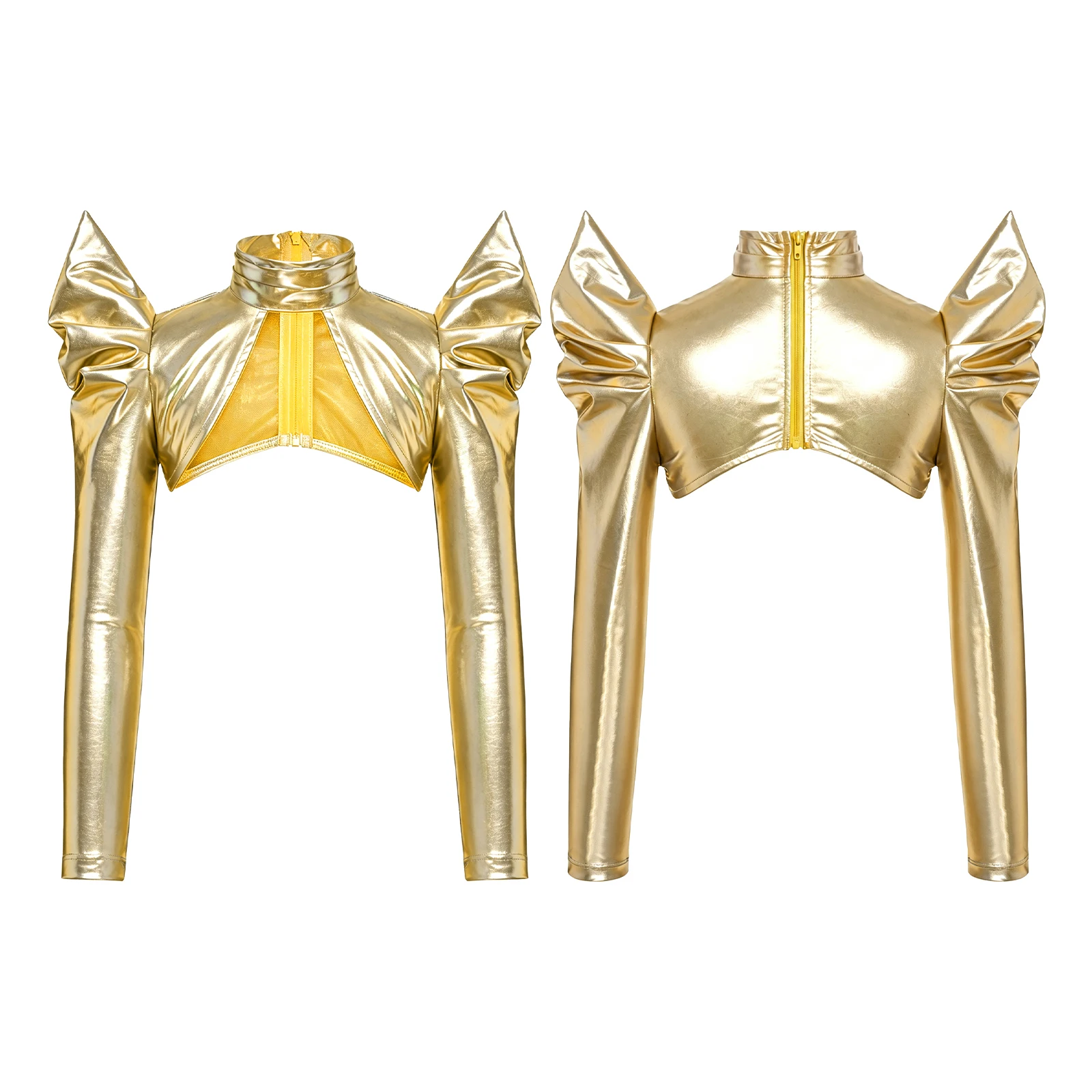 Kids Girls Crop Top Jazz Dance Costumes Metallic Shrug Shoulder Hip Hop Top for Halloween Party Stage Show Performance Dancewear