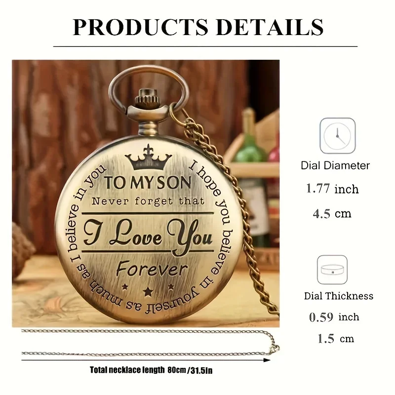 Collar de reloj de bolsillo de cuarzo tallado "To My Son I Love You", regalo para hombres, 1pc