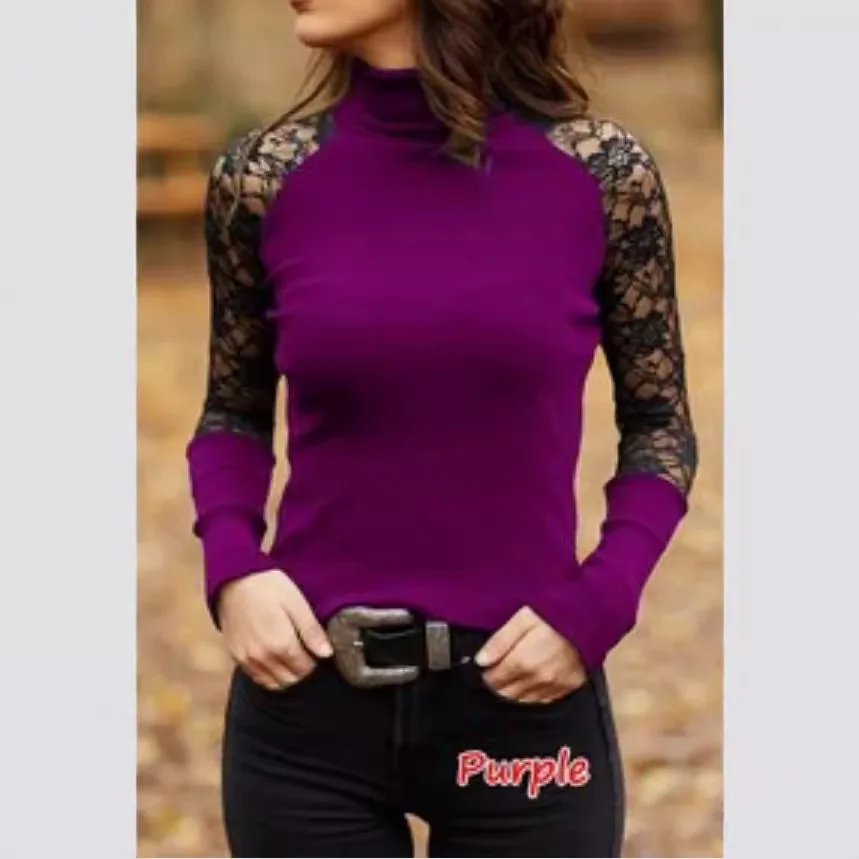 T-shirt da donna Primavera/Estate Nuovo collo alto Casual Lace Splicing Maglietta a maniche lunghe Donna Top