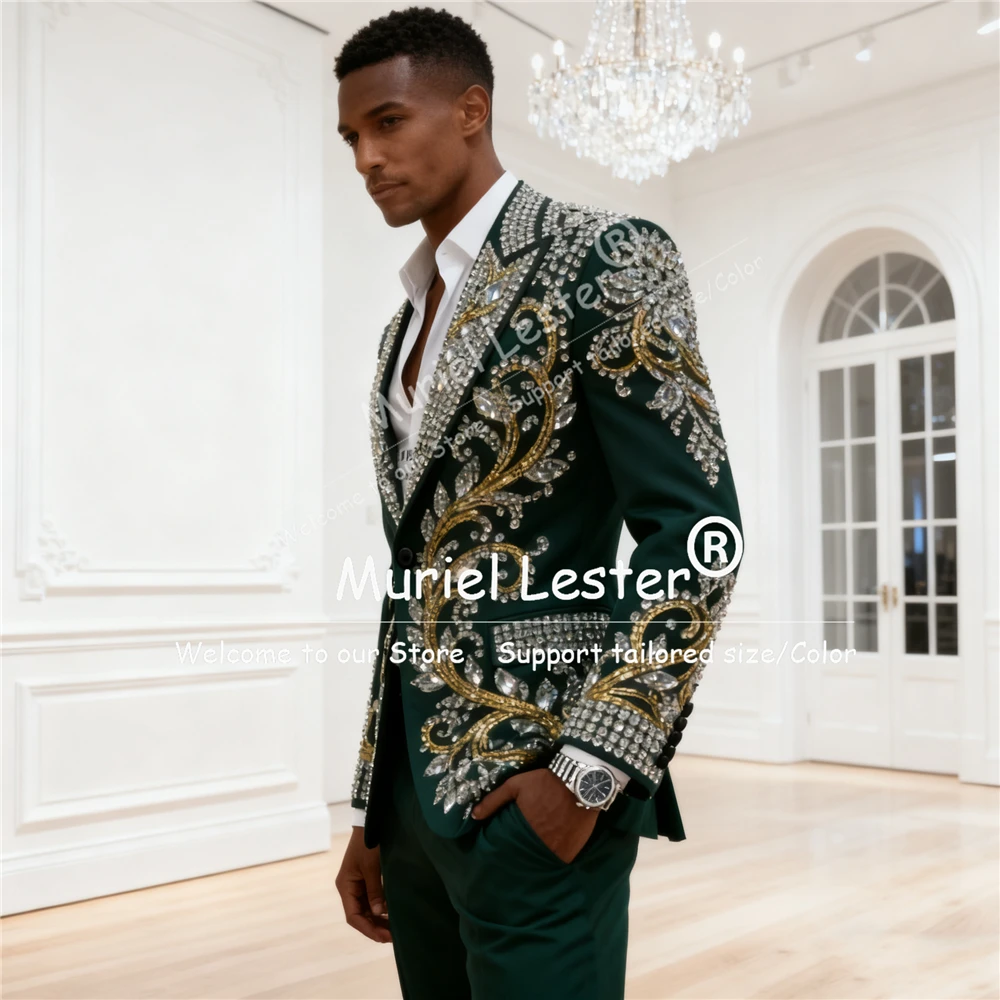Traje de piedras con cuentas de diamantes para hombre, conjuntos de 2 piezas, chaqueta de graduación con solapa en pico, traje personalizado para hombre, esmoquin Formal para fiesta y novio de lujo