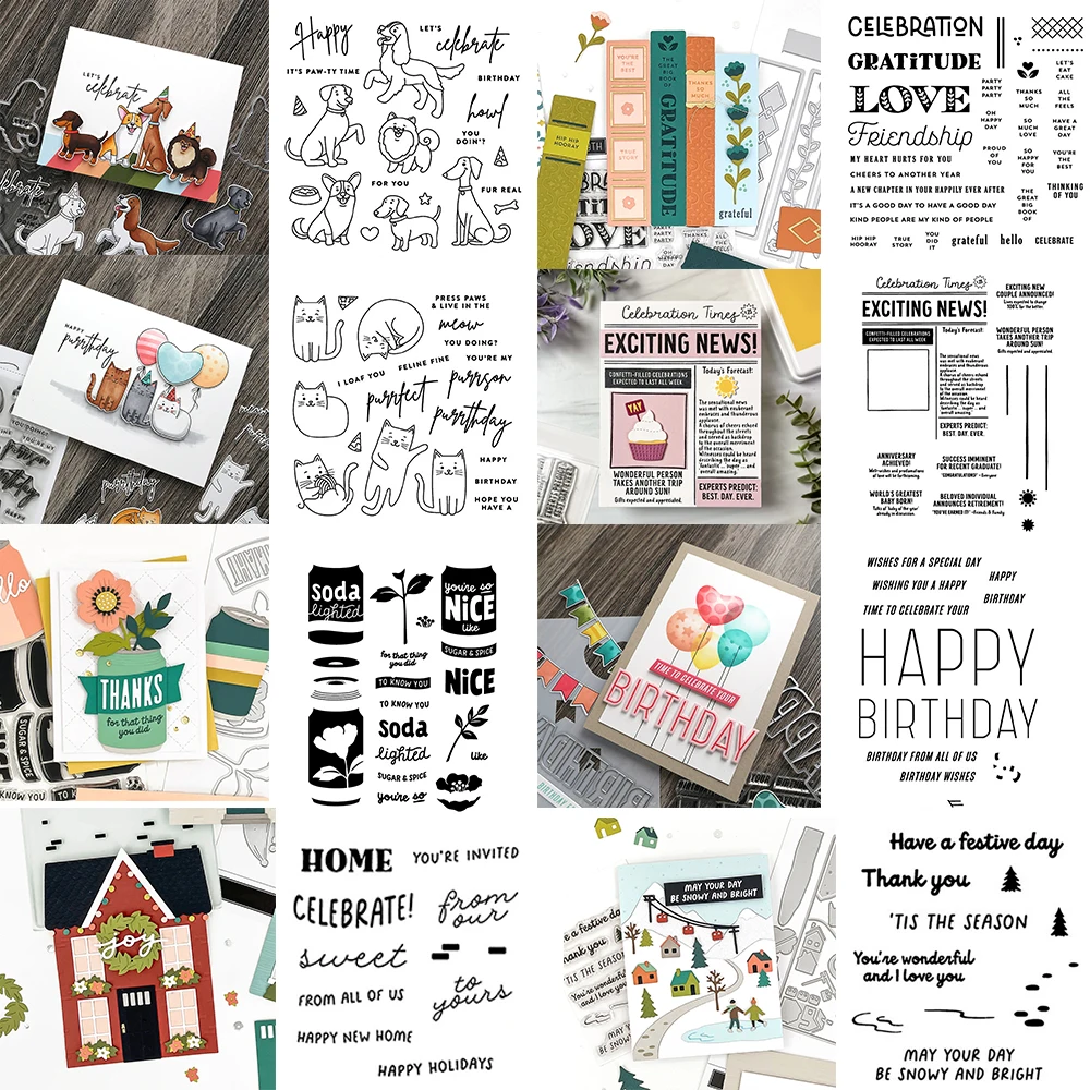 Hund, Katze, Geburtstag, wahre Geschichte, klare Stempel und Stanzformen auf Präsentation, Buch, Shoppe, Sentiment, Wörter, Stempel für DIY-Karten, Basteln