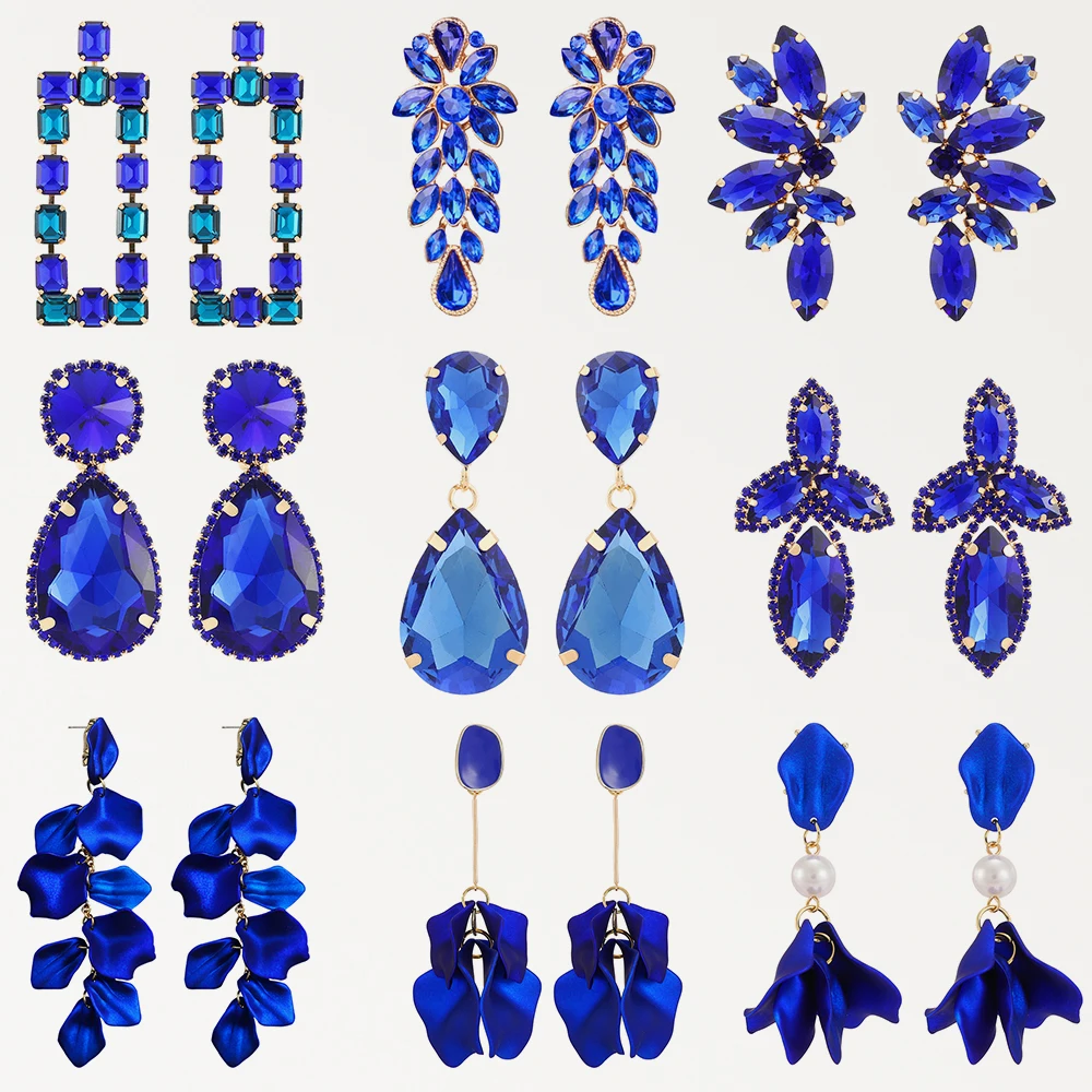 Dark Blue Series Long Dangle Drop Earrings For Women 2024 Trend Luxury Flower Geometric Acrylic Crystal Vintage Charm Jewelry