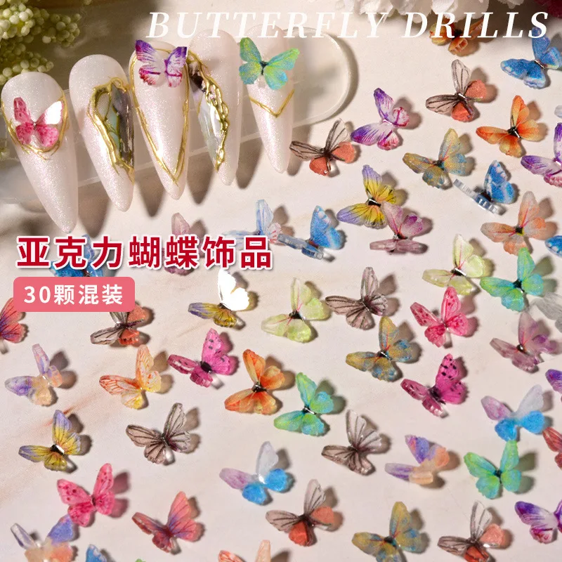 30PCS Various Beautiful Colorful Aurora Mini 3D Butterfly Acrylic Nail Art Rhinestones Decorations Manicure Ribbon Bow Ornaments