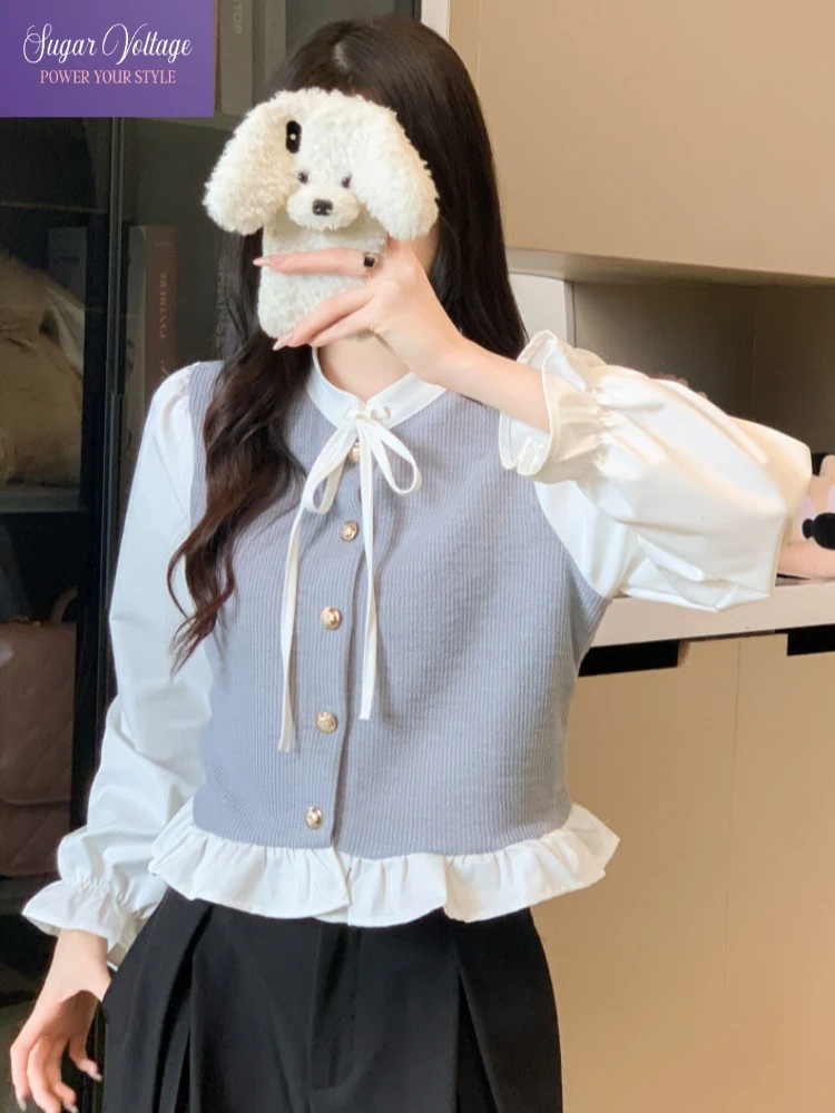 

Real Shot Fake Two Piece Knit Vest Stitching Shirt Women 2025 Autumn French Elegant Bow Stand Collar Slim Fit Base Top Fashion
