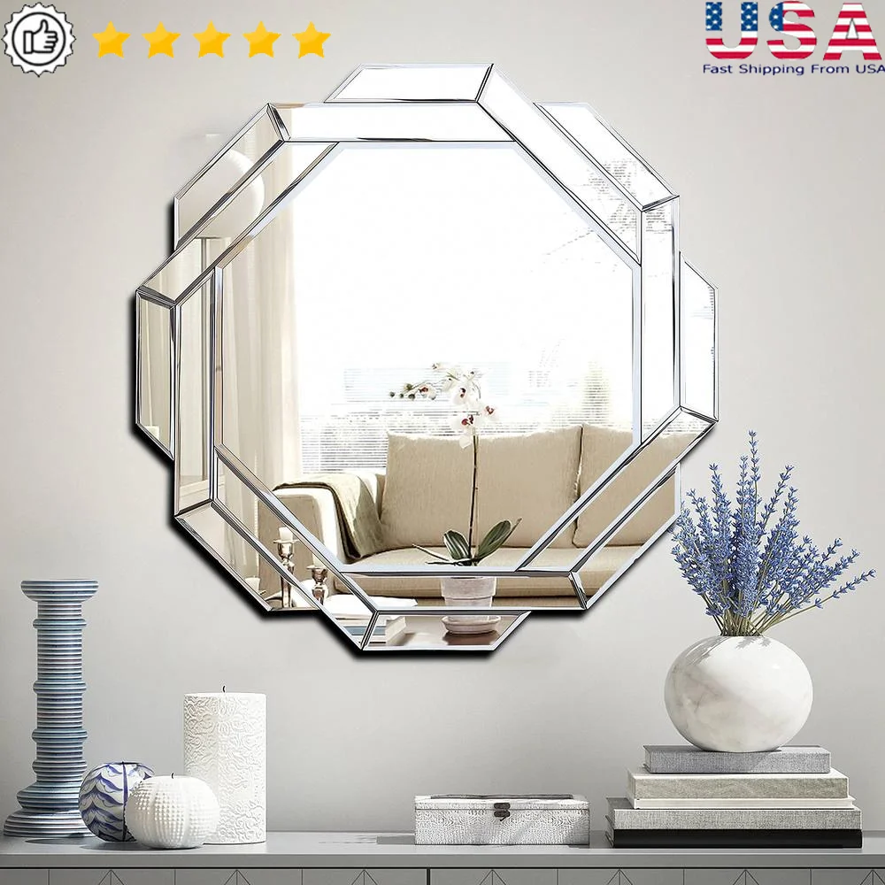 Hexagonal Frameless Beveled Mirror Wall Decor Bathroom Living Room Office 23.6X23.6inches Polished Silver Helicoid Design Walls