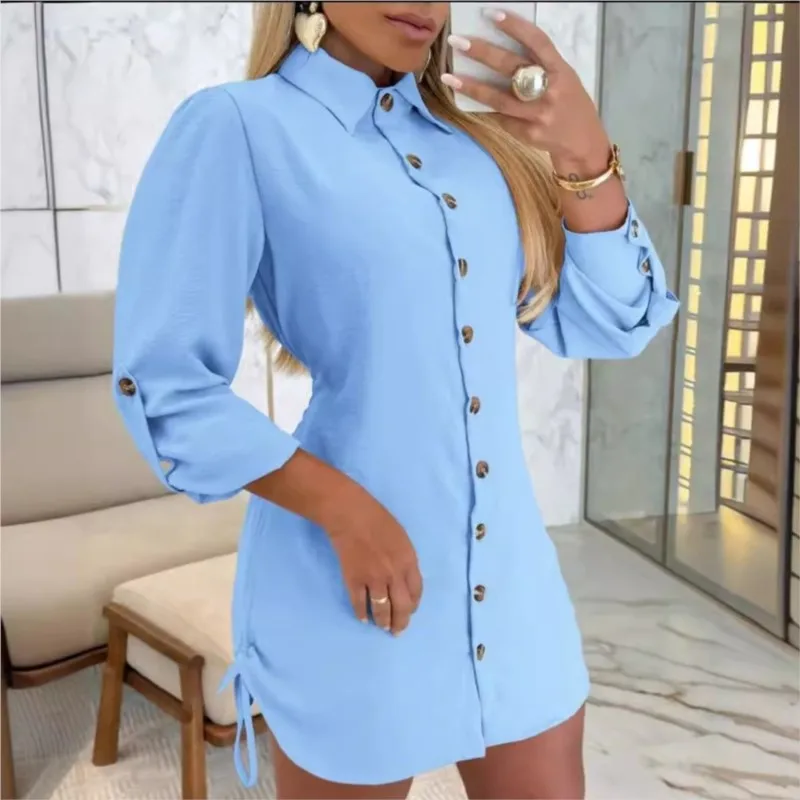 

Women's collar solid color long sleeved button up shirt for autumn commuting, mini dress with drawstring on both sides for women