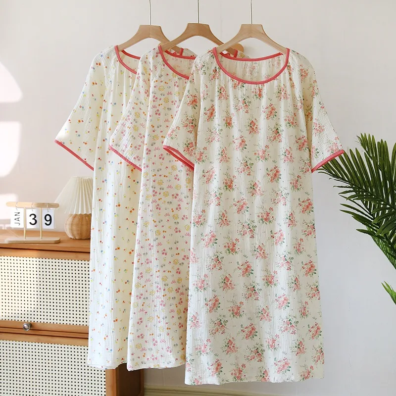 2024 Summer New Women Pajamas 100% Cotton Women Nightdress Round Neck Dress For Women NightWear Home Sleepdress Round Neck