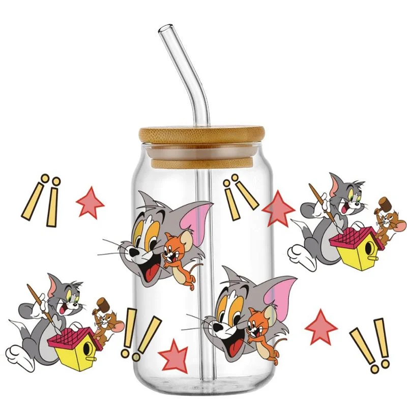 Miniso Cartoon Tom and Jerry Transfer UV DTF Cup Wrap Sticker for 160z Libbey Glasses DIY Waterproof Sticker