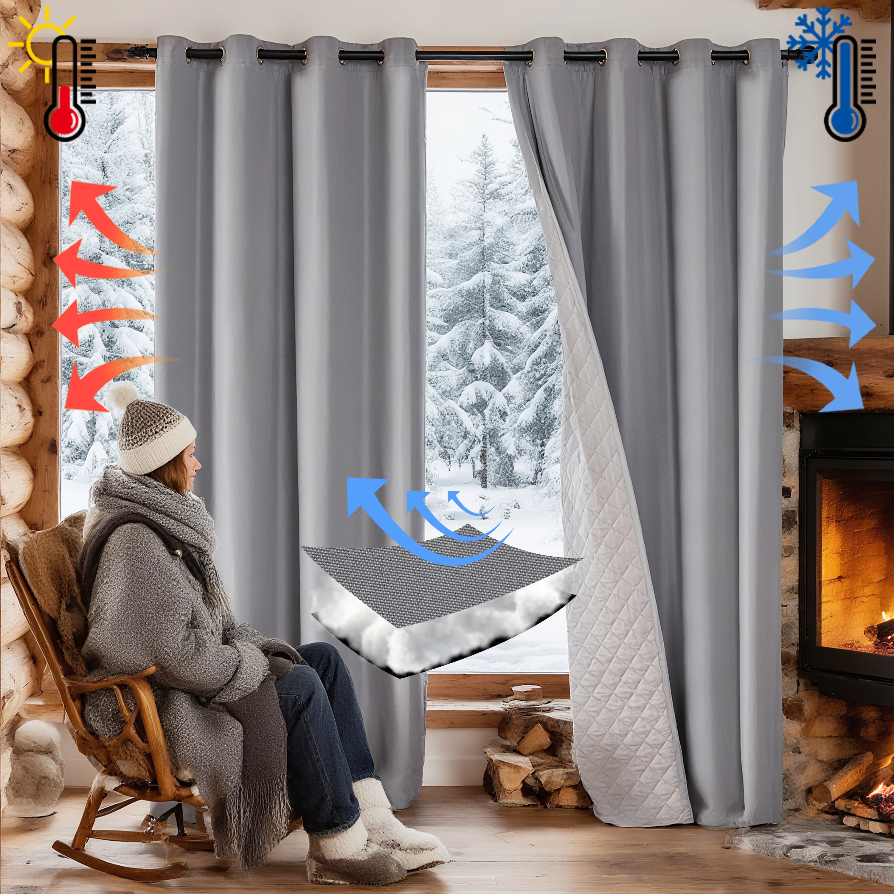 1 Packung dicke, gesteppte Winter-Zwischenschicht-warme und isolierte Vorhänge, dreilagige kalte und winddichte Vorhänge