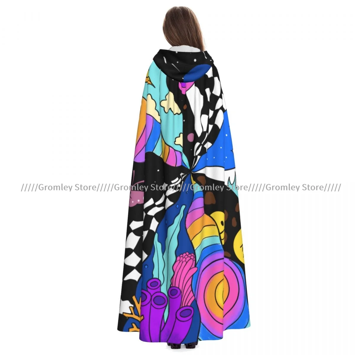 Colorful Space Star Butterfly Spaceship Sun Rainbow Seagrass Witch Cloak Hooded Cosplay Costume Halloween Adult Long Party Cape