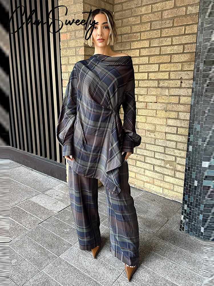 ชุดเซ็ตเสื้อเชิ้ตลายสก็อตสุดหรูสำหรับผู้หญิง แฟชั่นเสื้อคอโอ แขนยาว จับจีบ พร้อมกางเกงขายาวทรงตรง  ชุดฤดูหนาว-ฤดูใบไม้ผลิ 2025 สำหรับสุภาพสตรี