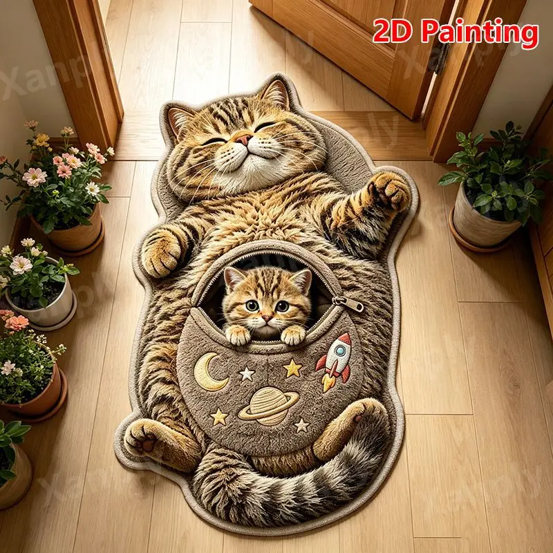 VIKAMA Orange Cat Rug Irregular Shape Pocket Kitten Rocket Moon Non Slip Soft Flannel Floor Mat for Bedroom Cute Kitty Decor