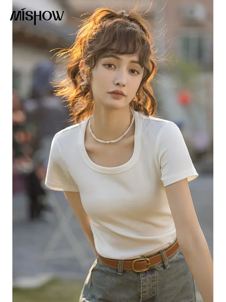 MISHOW Short Sleeve T-shirts Women Spring Solid Square-neck Top Elegant Woman Clothes Office Lady Cotton Tees MXC12T0641