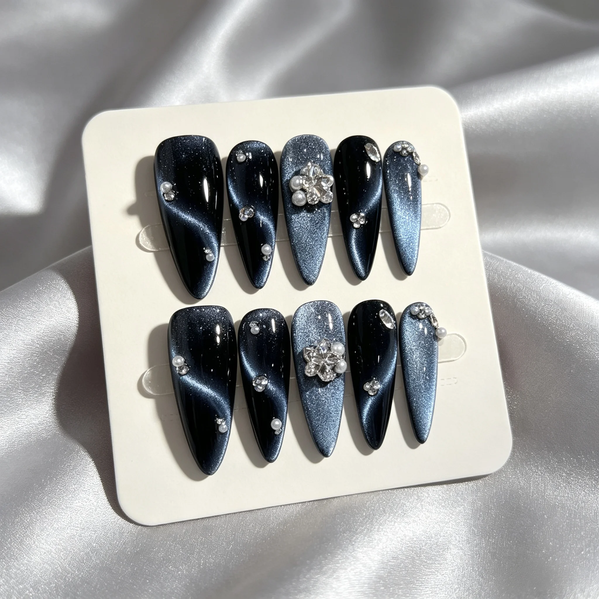 10Pcs Galaxy Blue Cat‑eye Handmade Press On Nails Gradient Dark Blue Pearl Crystal Rhinestone Flower Fake Nail for Women&Girl