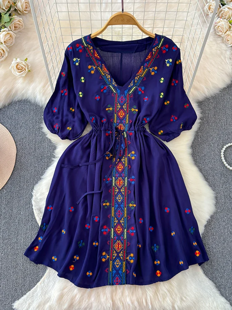 Ethnic Style Dress Summer New Style Embroidered Drawstring Mini Dress Bohemian Beach Dress A109