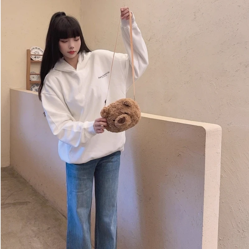 Bolso bandolera de peluche con diseño de oso de Barcelona, lindo y esponjoso, bolso de hombro informal para niñas, para uso diario.