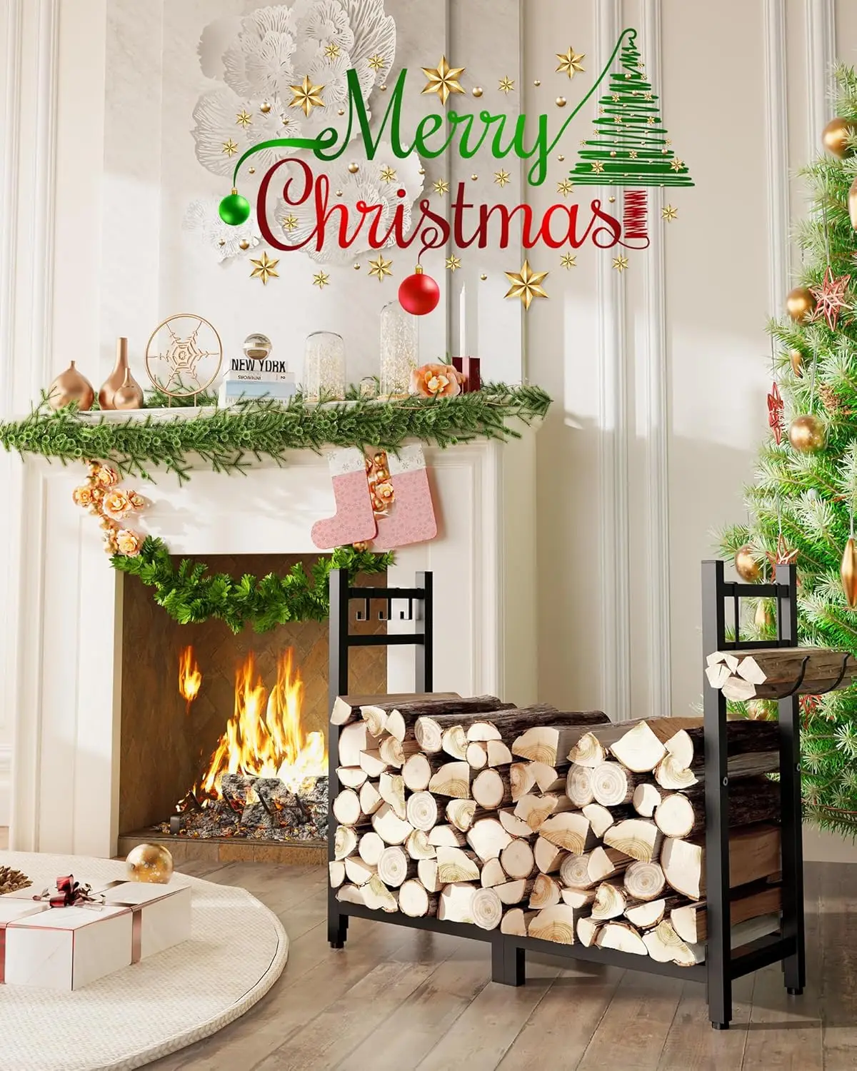 Indoor/Outdoor 34inch Heavy-Duty Steel Firewood Rack with Log Carrier, Black, Adjustable & Durable
