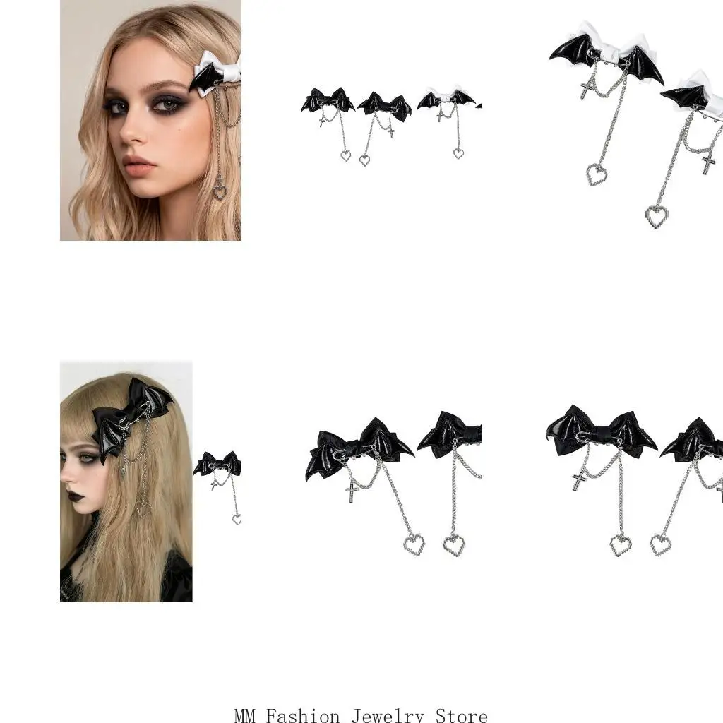 2Pieces Punk Hairpin Bat Wing Chain Heart Crossed Bowknot Hair Clip for Halloween D0UB