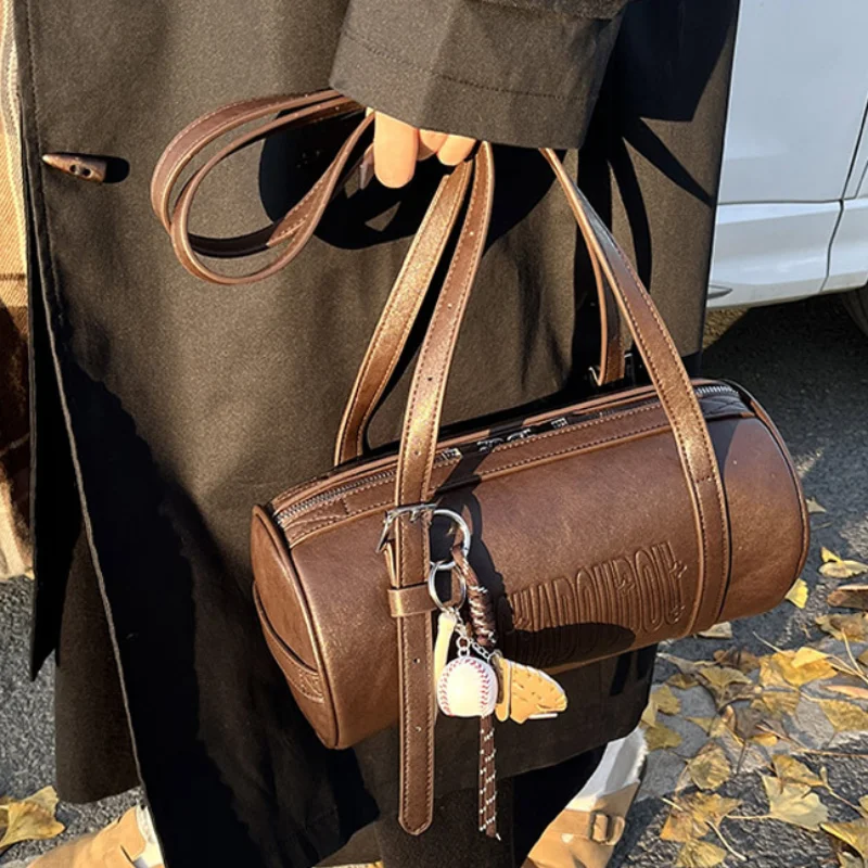 

Vintage Cylindrical Women's Shoulder Bag Multifunctional Retro Letter Underarm Bag Backpack With Pendant Luxury Designer Handbag
