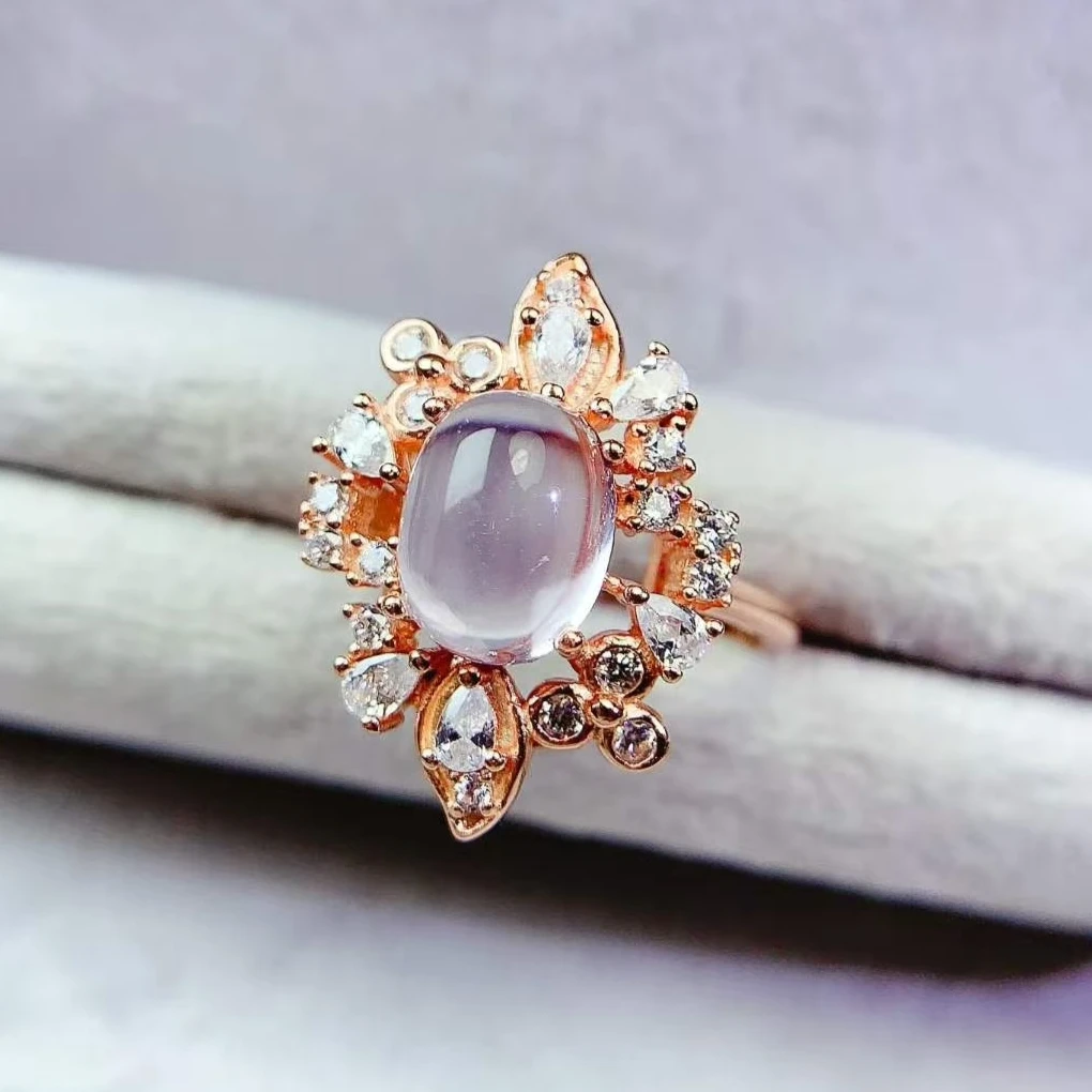 925 Silver Natural Rose Quartz Ring Certified Fine Jewelry Rose Gold Plated Oval Cabochon Floral Cluster Halo Statement Ring