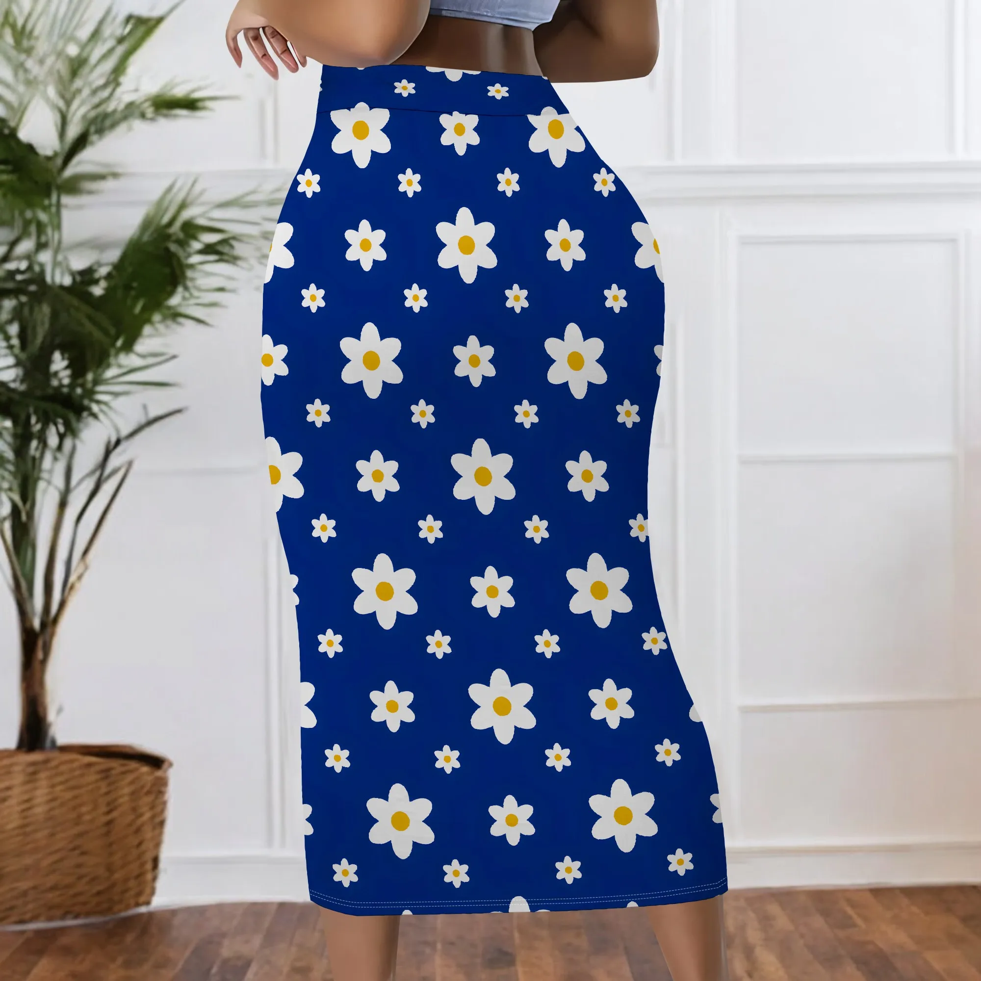 Gänseblümchen-Print, Rock, Blumenmuster, Midi-Länge, Dehnbarer Stoff, Freizeitkleidung, Büro-Outfit, S-2XL – Detail 4