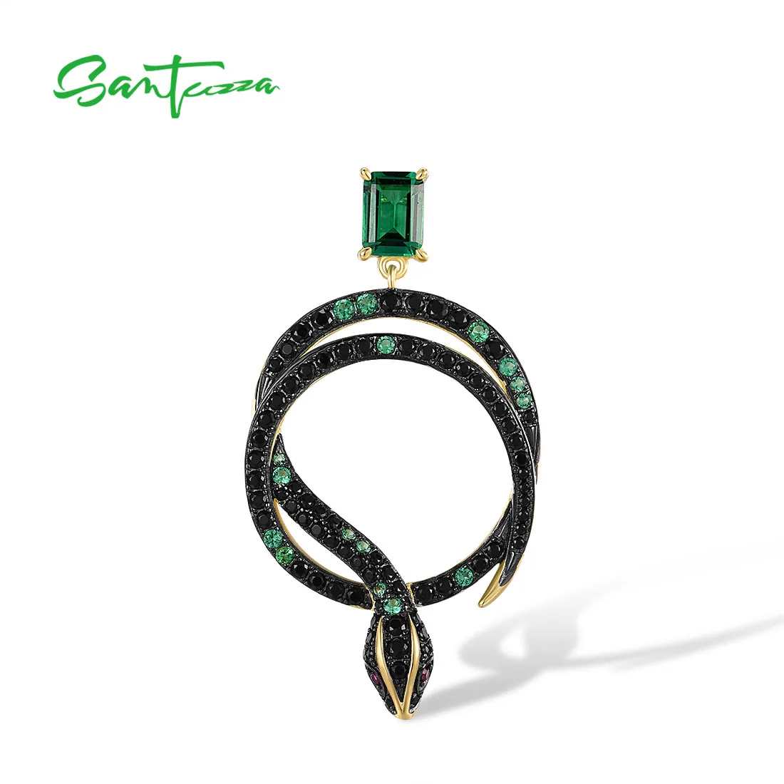 

SANTUZZA Real 925 Sterling Silver Pendant For Women Sparkling Black Green Spinel Cute Snake Safari Animal Fashion Fine Jewelry