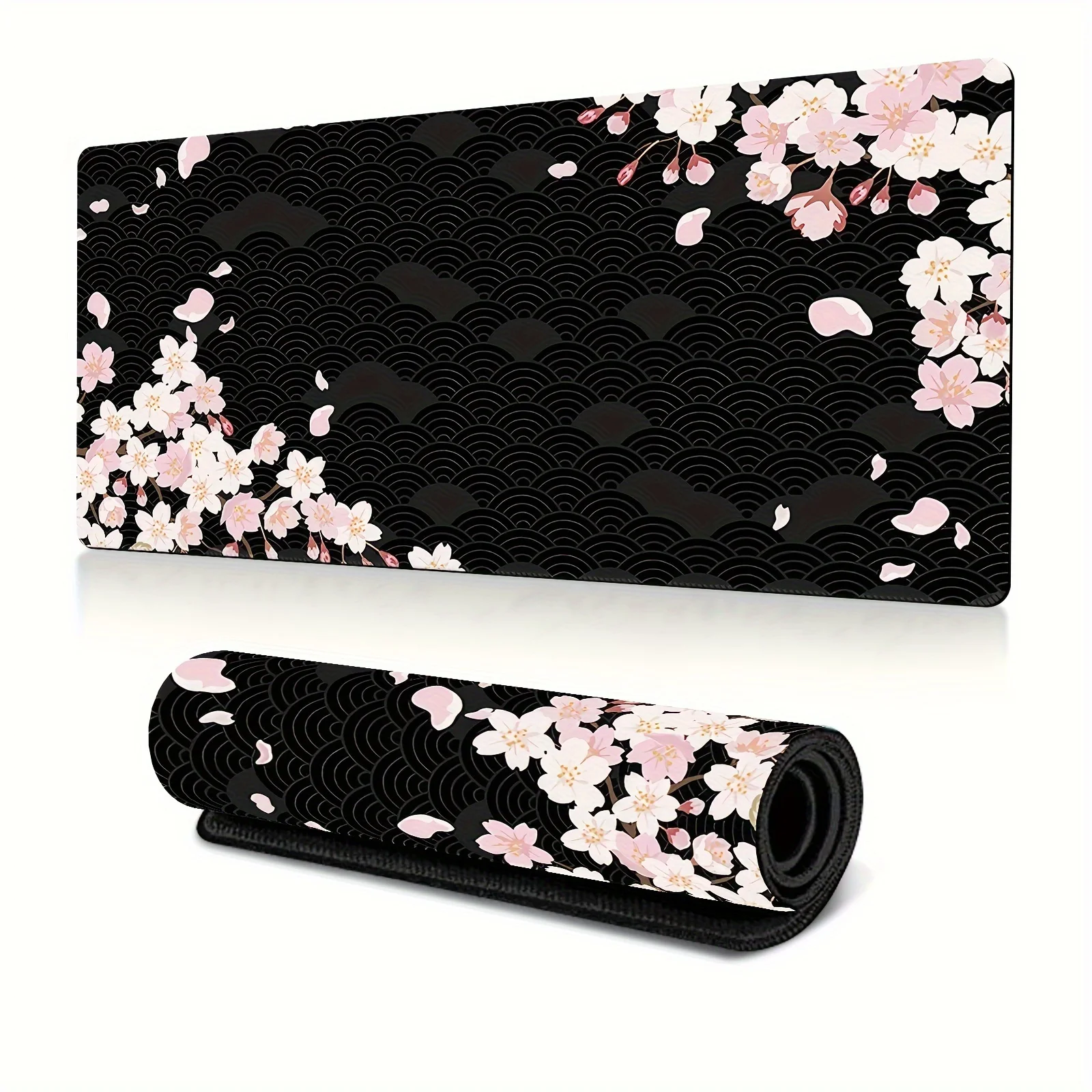 

XXL Oversized cherry blossom black mouse pad thickened non-slip rubber pink and white floral pattern keyboard mat desk decor rug