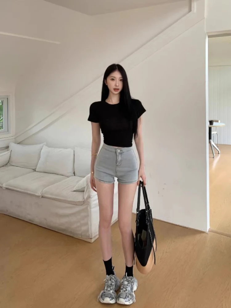 

Голубые джинсовые брюки трапециевидной формы с высокой талией, женские модные эластичные сексуальные шорты, осеннее новое поступление, корейские универсальные брюки...