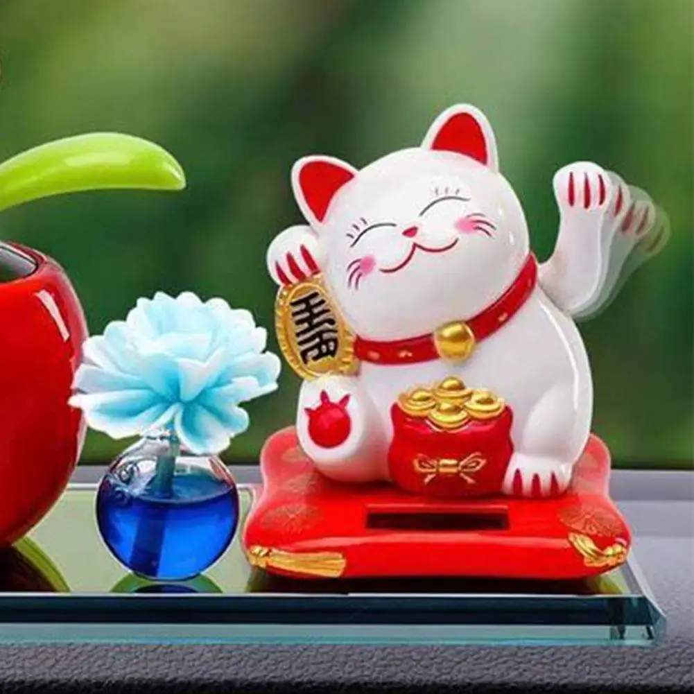 Solar Powered Maneki Neko Lucky Cat Welcoming Chinese Lucky Cat Waving Hand Beckoning Fortune Cat Figurines For Home Decor