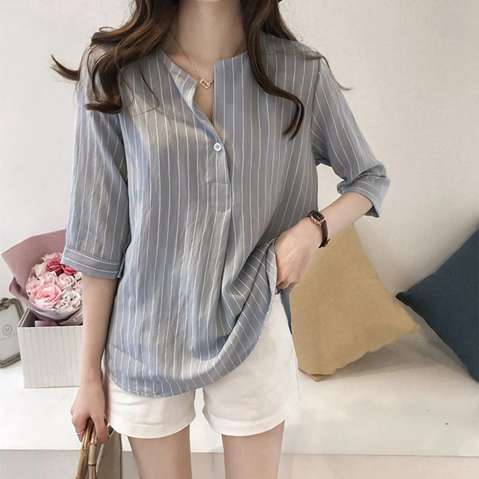 Women\'s Shirt 2024 Summer Elegant Half Sleeve Commuter Blouse Shirt Fashion Striped Printed V Neck Button Loose Shirt Blouse