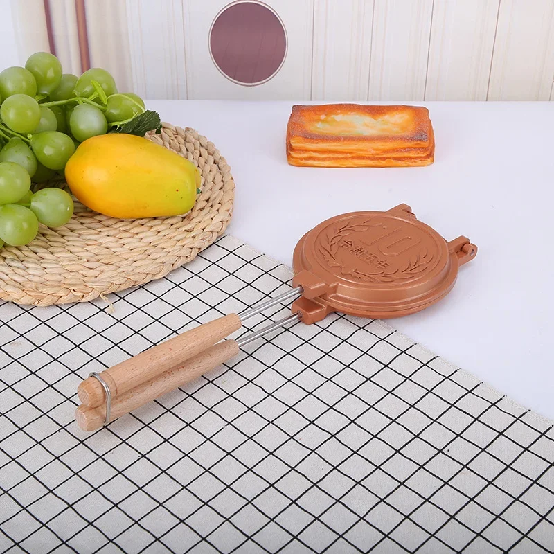 Japanese Coin Shaped Pancake Double Pan Wooden Handle Non-Stick Aluminum Sandwich Waffle Baking Tray Home Cooking Party Dessert view 2