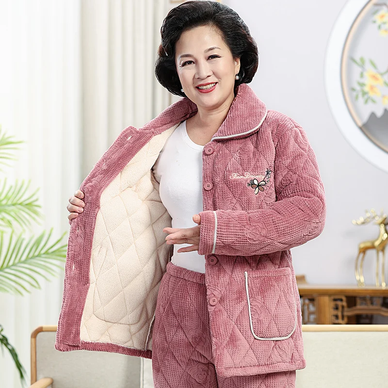 Winter Coral Fleece Quilted Women Pajamas Sets Female Flannel Warm Sleepwear Thick Home Clothing