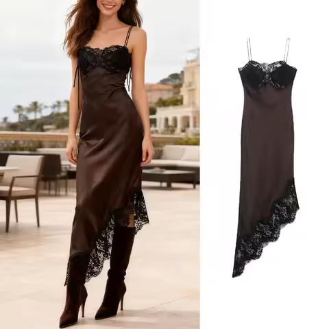 "Women's Brown Satin Slip Dress with Black Lace Trim Spaghetti Strap Asymmetric Hem Elegant Evening Party Dress