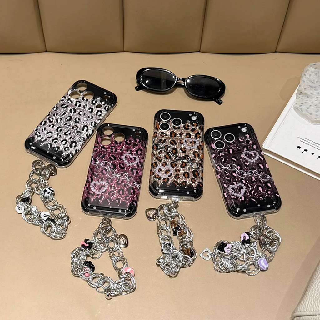 Funda Protectora para Teléfono con Estampado de Leopardo en 4 Colores, Encaje y Colgante de Cadena Plateada para iPhone 18 17 16 15 Pro Max