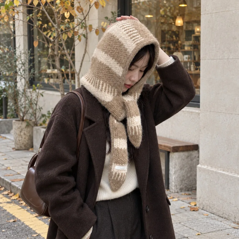Women's Winter Knitted Hooded Scarf Striped Bonnet Hat with Attached Neck Wrap Autumn Outdoor Headwear Accessories