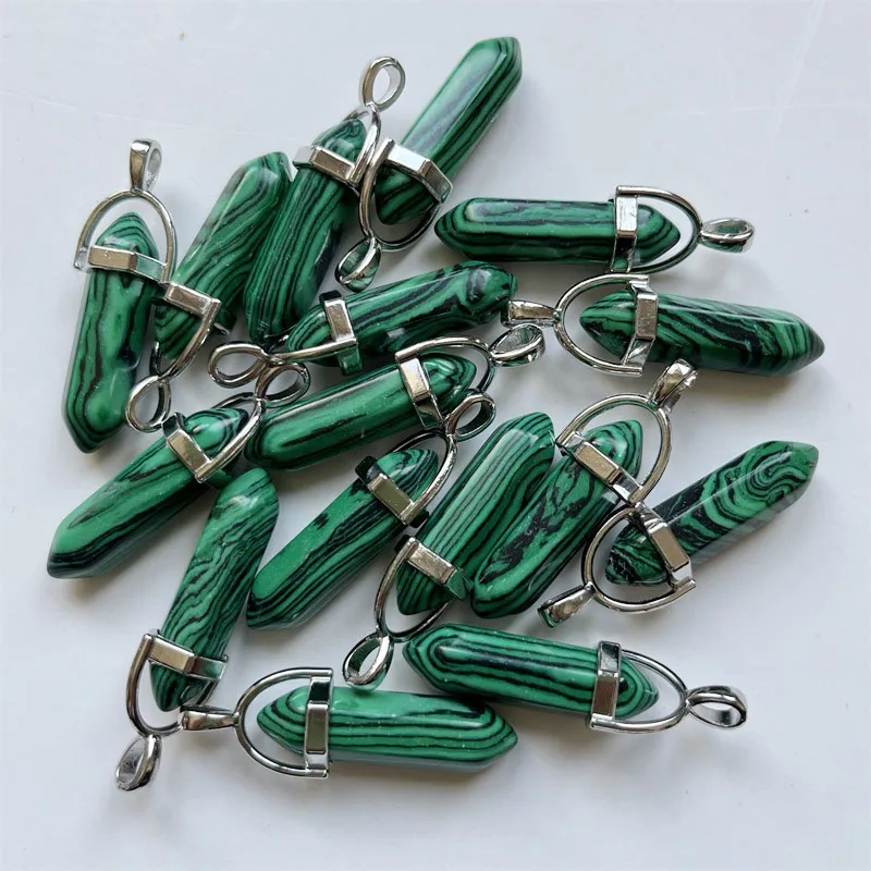 3PC 8*42CM Green Natural Stone Pillar Hexagonal Point Pendants for Necklaces Healing Bullet Pendulum Chakra Jewelry Charms