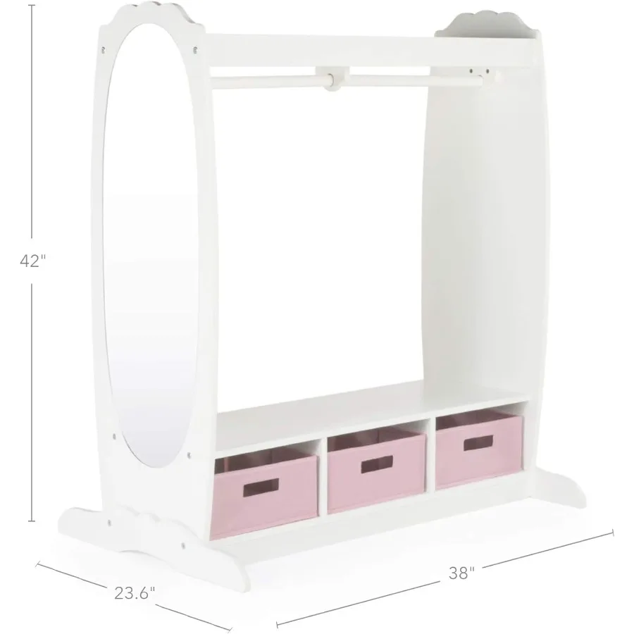 Dress Up Storage White: Dramatic Play Costume Rack with Mirror and Tray for Toddlers - Armoire Dresser with Fabric Storage Bins