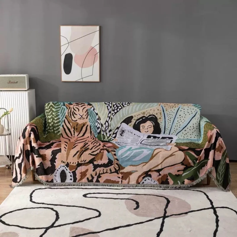 Ins Cartoon Tiger and Girl Abstract Knitted Tassel Bed Sofa Cover Camping Picnic Wall Hanging Tapestry Home Decorations