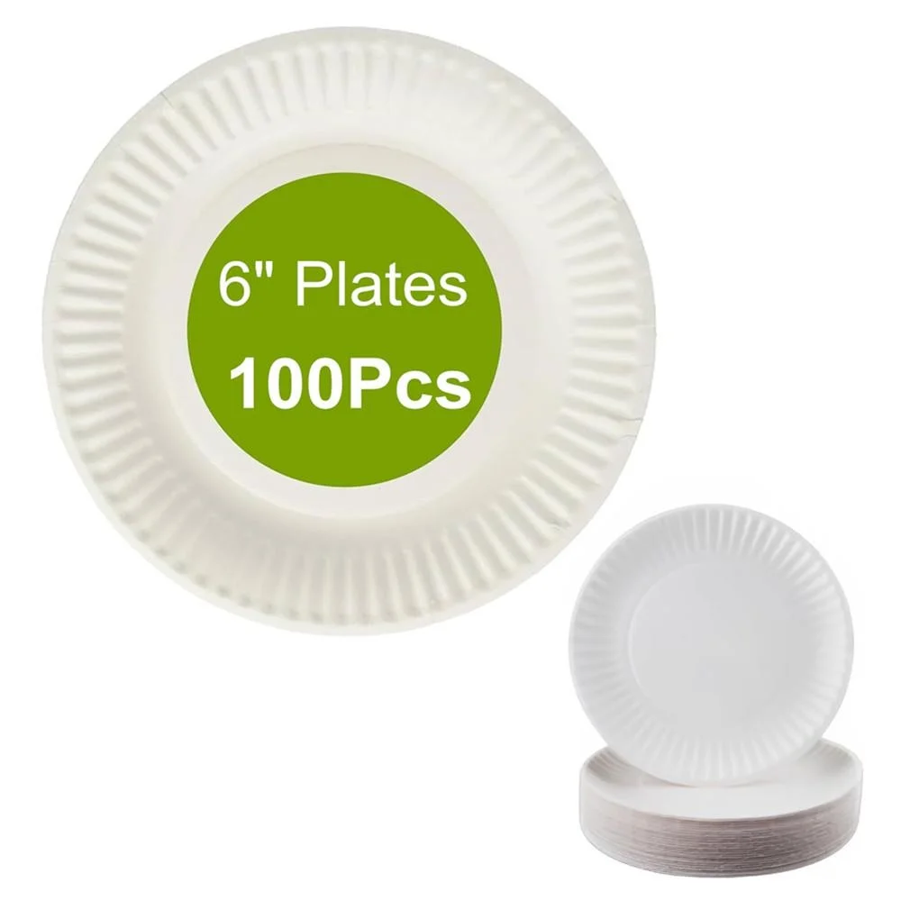 

100Pcs Round Paper Plates for BBQ Dinner Parties Picnics Cake Dessert Dishes Plates 6/9in Uncoated White Plates