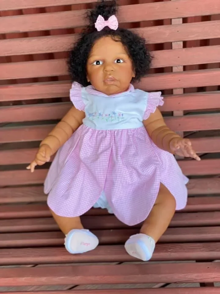 NPK 24inch magrot Dark Brown Skin Soft Cloth Body Reborn Toddler Girl Doll Rooted Hair High Quality Hand Painted Doll