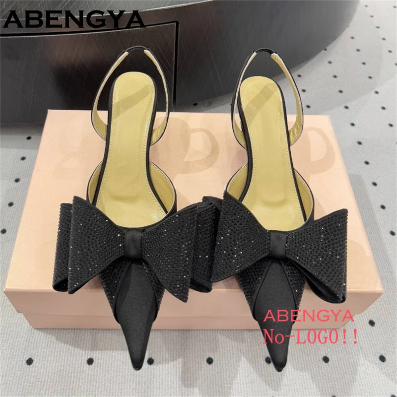 الصيف كريستال Bowknot أحذية عالية الكعب المرأة أحذية الحفلات الزفاف بوينت تو Slingback الصنادل النساء المصارع أحذية السيدات 2025